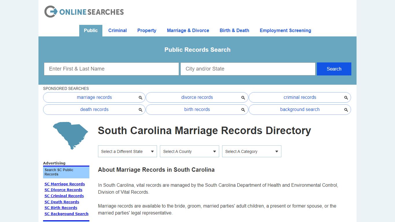 South Carolina Marriage Records Search Directory - OnlineSearches.com